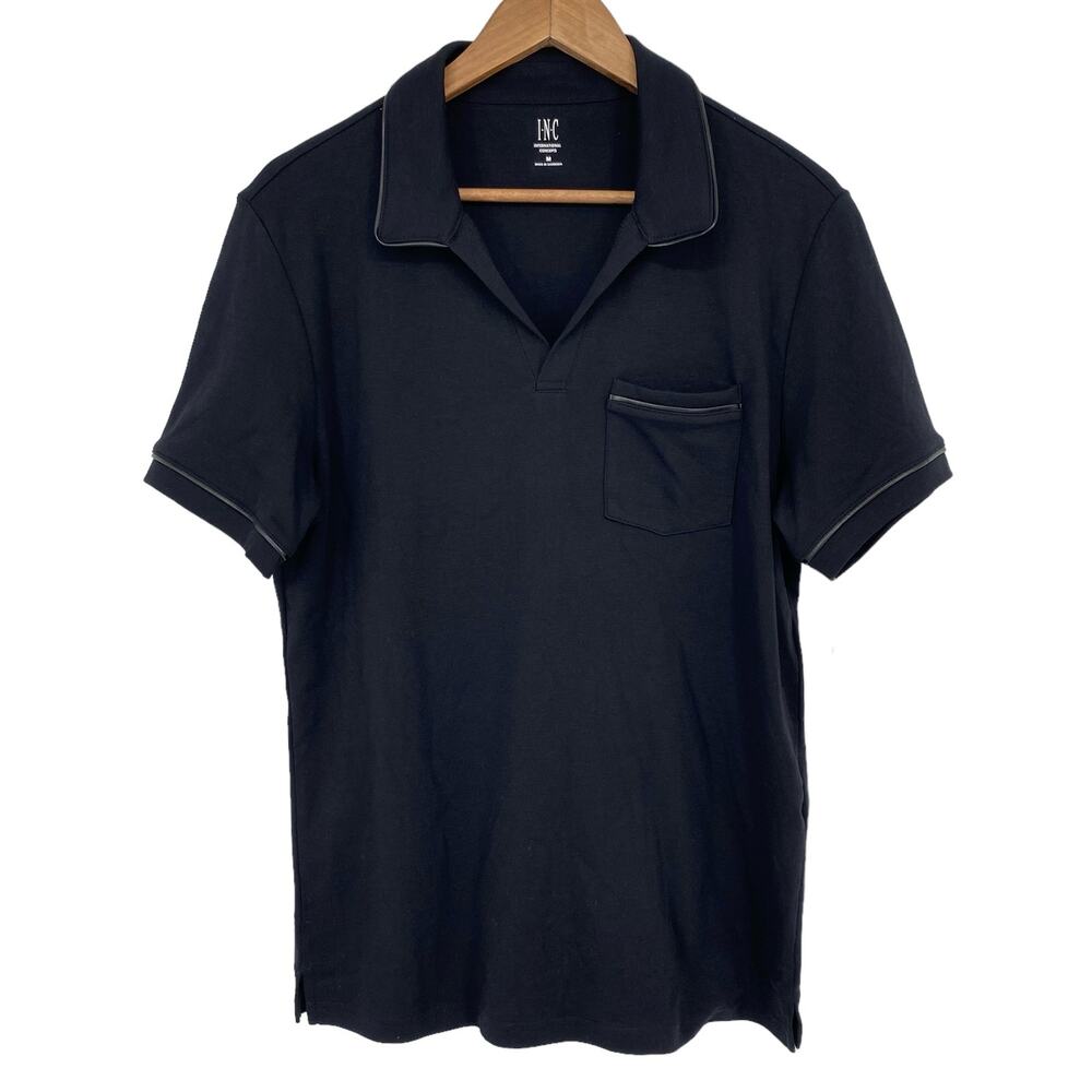 INC INTERNATIONAL CONCEPTS NWT Men's Faux Leather Trim Polo Shirt Black Medium